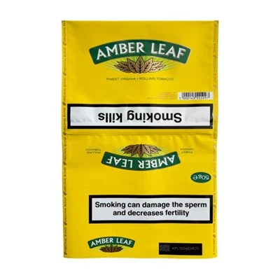 UK GB Leeres Tabak-Bernsteinblatt 50g-Umschlagpaket Raucherhandrolle Gelber 50g-Bernsteinblatt-Beutel mit Stempelschildband